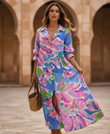 Women's Linen Maxi Dress - Blue Leaf Print