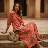 Women's Linen Maxi Dress - Blue Leaf Print