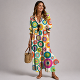 Women's Linen Maxi Dress - Blue Leaf Print