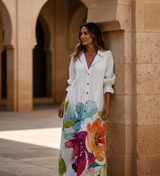 Women's Linen Maxi Dress - Blue Leaf Print