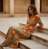 Women's Floral Cotton Maxi Dress - V-Neck
