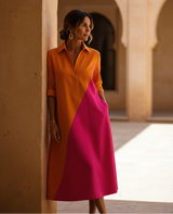 Women's Orange Colorblock Cotton Midi Dress