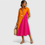 Women's Orange Colorblock Cotton Midi Dress