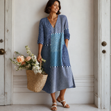 Women's Navy Patchwork Cotton Midi Dress