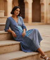 Women's Navy Patchwork Cotton Midi Dress