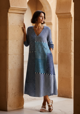 Women's Navy Patchwork Cotton Midi Dress