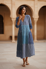 Women's Navy Patchwork Cotton Midi Dress