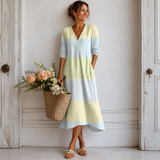 Women's Yellow Colorblock Cotton Midi Dress
