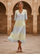 Women's Yellow Colorblock Cotton Midi Dress