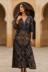 Women's Navy Vintage Floral Cotton Maxi Dress
