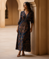 Women's Navy Vintage Floral Cotton Maxi Dress