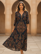 Women's Navy Vintage Floral Cotton Maxi Dress