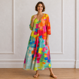 Women's Abstract Linen Maxi Dress - V-Neck