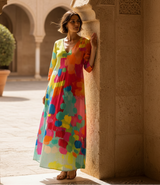 Women's Abstract Linen Maxi Dress - V-Neck
