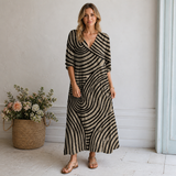 Women's Striped Linen Midi Wrap Dress