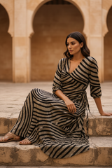 Women's Striped Linen Midi Wrap Dress