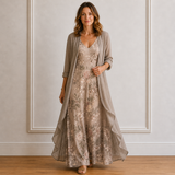 Women's Floral Linen Maxi Dress and Cardigan Set