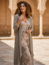 Women's Floral Linen Maxi Dress and Cardigan Set