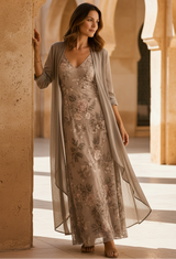 Women's Floral Linen Maxi Dress and Cardigan Set
