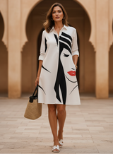 Women's White Midi Shirt Dress - Black Abstract