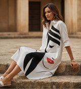 Women's White Midi Shirt Dress - Black Abstract