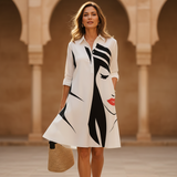 Women's White Midi Shirt Dress - Black Abstract