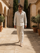 Men's Beige Linen Long Sleeve Shirt and Pants Set