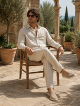 Men's Beige Linen Long Sleeve Shirt and Pants Set