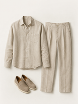 Men's Beige Linen Long Sleeve Shirt and Pants Set