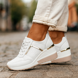 Women's White Leather Wedge Sneakers - Metallic Accent