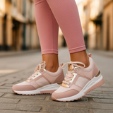 Women's White Leather Wedge Sneakers - Metallic Accent