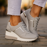 Women's White Leather Wedge Sneakers - Metallic Accent