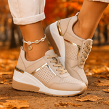 Women's White Leather Wedge Sneakers - Metallic Accent