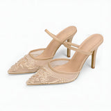 Women's Floral Embroidered Mesh Mule Heels