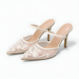 Women's Floral Embroidered Mesh Mule Heels
