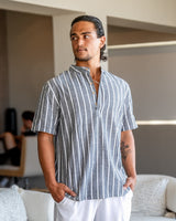 Men's Blue Striped Cotton Short Sleeve Shirt