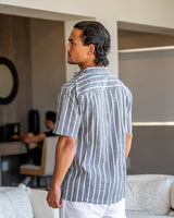 Men's Blue Striped Cotton Short Sleeve Shirt