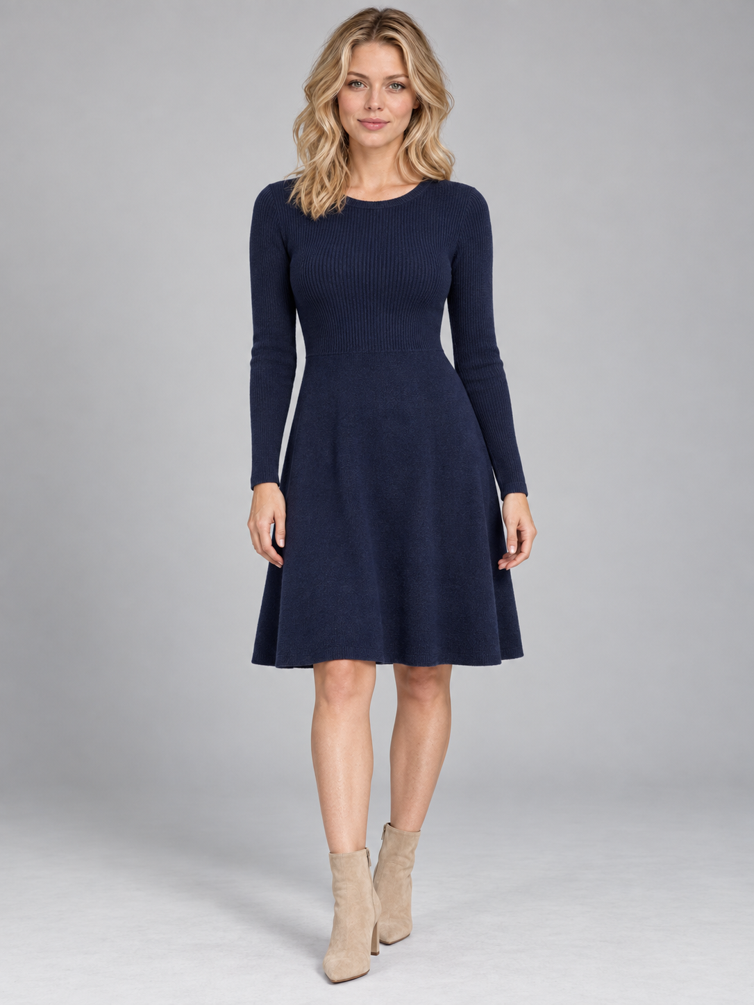 Women's A-Line Knit Dress | Crew Neck Long Sleeve Jumper Dress