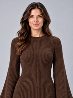 Women's Textured Knit Mini Dress | Flared Sleeve Jumper Dress