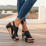 Women's Black Leather Adjustable Wedge Sandals