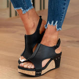 Women's Black Leather Adjustable Wedge Sandals