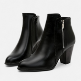 Women's Black Leather Block Heel Ankle Boots