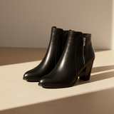 Women's Black Leather Block Heel Ankle Boots