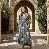 Women's Navy Floral Linen Midi Dress