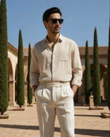 Men's Cream Linen Long Sleeve Shirt