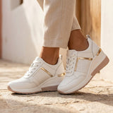 Women's White Leather Wedge Sneakers - Metallic Accent