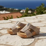 Women's Taupe Suede Wedge Sandals - Zip Detail