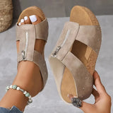 Women's Taupe Suede Wedge Sandals - Zip Detail