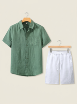 Men's Green and White Linen Short Sleeve Set
