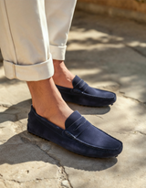 Men's Navy Suede Penny Driver Loafers